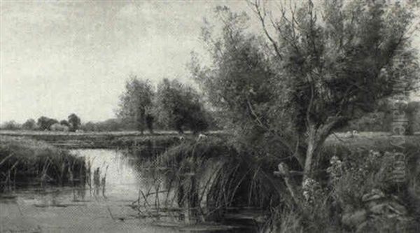 Haymaking-a View By The River Lea Near Ware, Hertford Oil Painting by Henry John Kinnaird