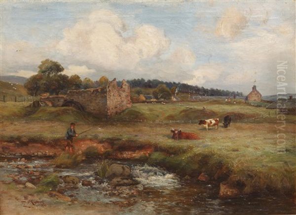 Angler By A River, Believed To Be Medwins Water, Lanarkshire Oil Painting by James Kinnear