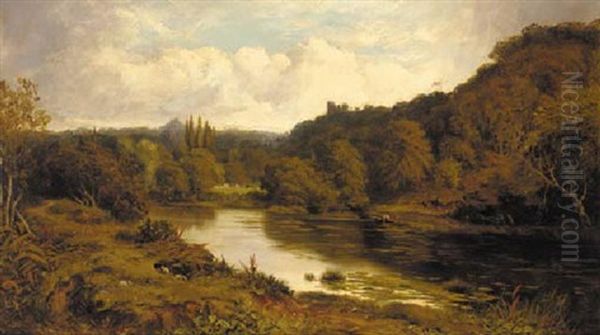 A Figure In A Rowing Boat In A Tranquil River Landscape, A Castle Beyond Oil Painting by James Kinnear