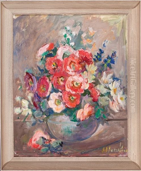 Still Life Of Full Blown Roses, Delphinium And Daisies by Alberta Kinsey