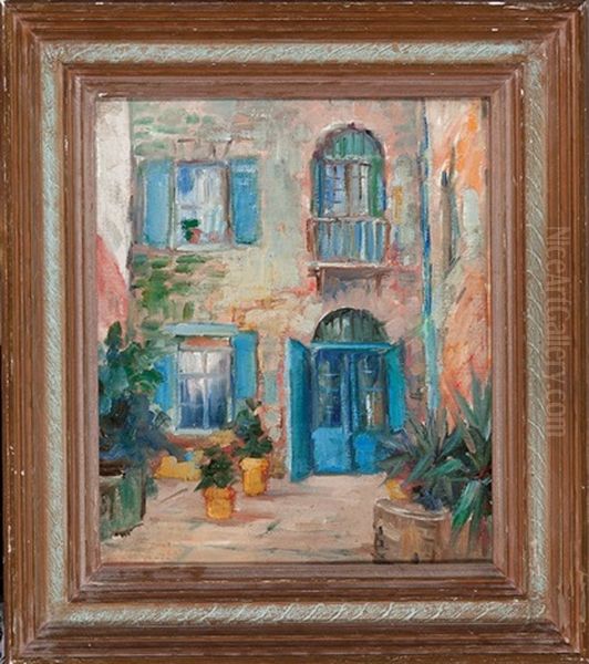 French Quarter Courtyard With Blue Shutters by Alberta Kinsey