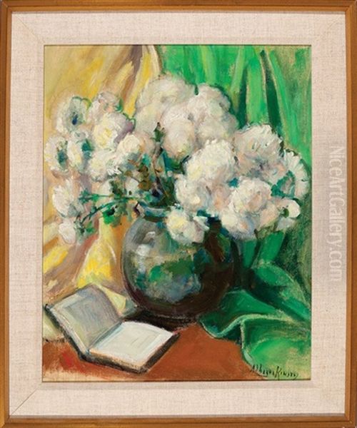 Still Life Of Chrysanthemums And A Book (still Life Of Pink Flowers En Verso) by Alberta Kinsey