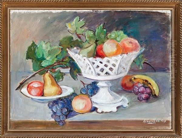 Still Life Of Compote With Pears, Grapes, Banana And Apples by Alberta Kinsey