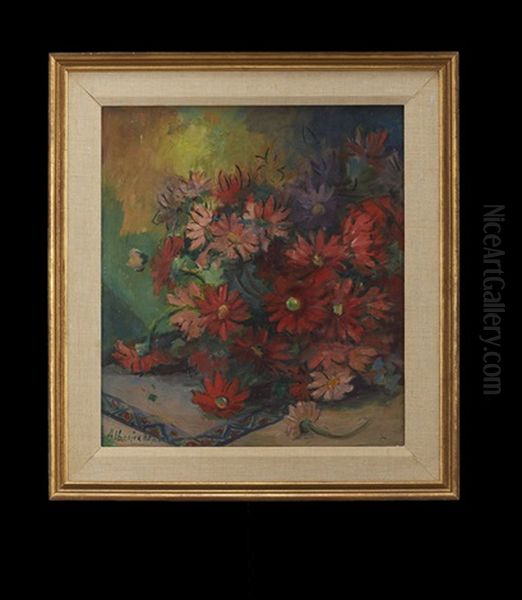 Still Life Of Pink And Red Zinnias Oil Painting by Alberta Kinsey