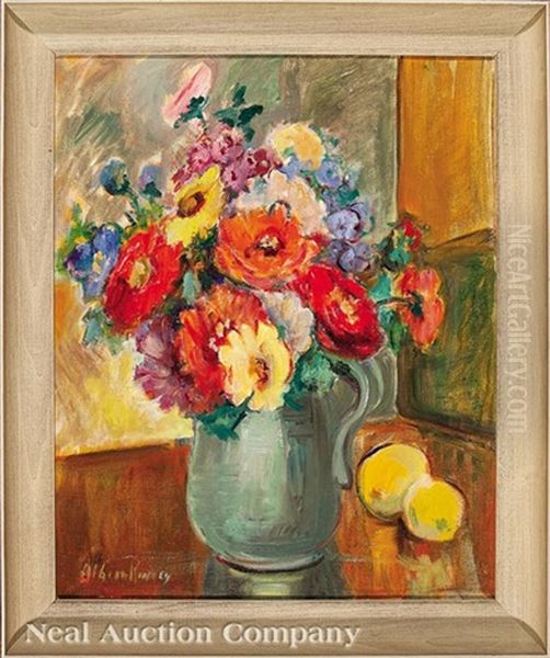 Still Life Of Zinnias And Garden Roses In A Pitcher With Lemons by Alberta Kinsey