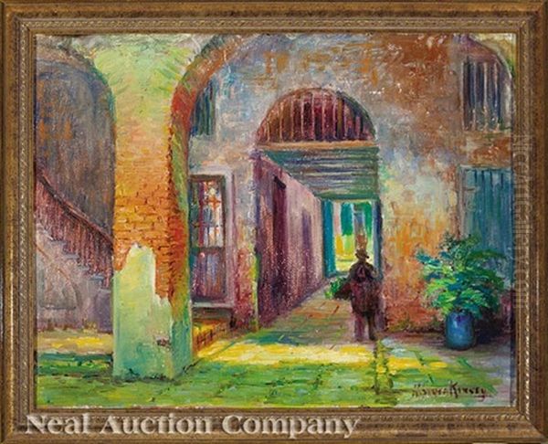 French Quarter Patio With Figure Oil Painting by Alberta Kinsey