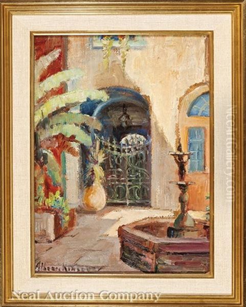 French Quarter Courtyard With Fountain Oil Painting by Alberta Kinsey