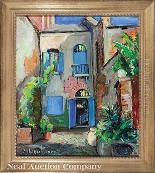 French Quarter Courtyard With Blue Shutters Oil Painting by Alberta Kinsey