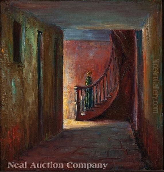 Figure On A Staircase, French Quarter Courtyard Oil Painting by Alberta Kinsey