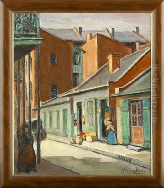 Lively View Of French Quarter Street With A Vendor Standing By Her Storefront Oil Painting by Alberta Kinsey