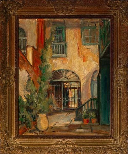 French Quater Courtyard With Arched Doorway by Alberta Kinsey