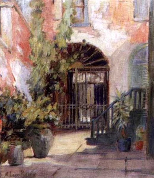 French Quarter Courtyard With Iron Gate by Alberta Kinsey