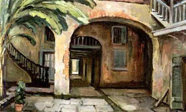 French Quarter Courtyard Scene Oil Painting by Alberta Kinsey