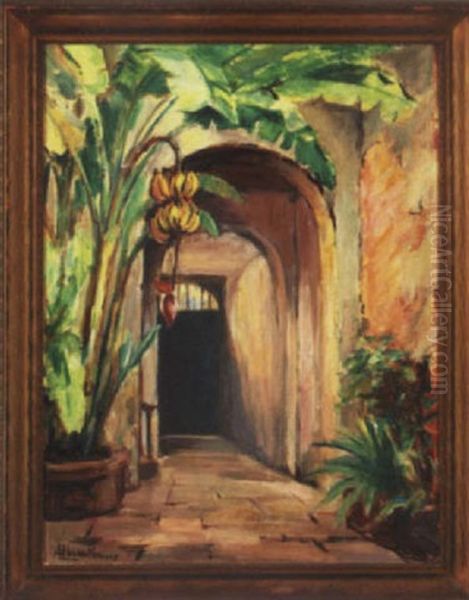 French Quarter Courtyard With Banana Tree by Alberta Kinsey