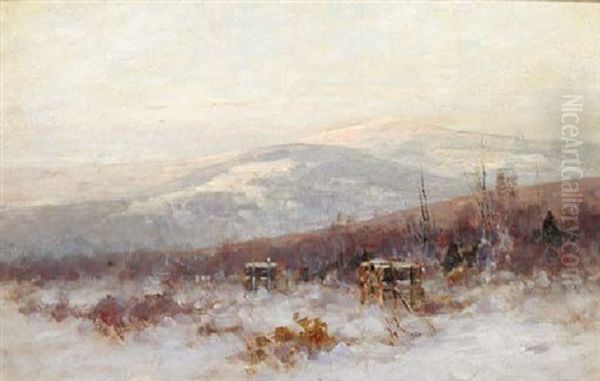 Log-piles In A Sunlit Winter Landscape Oil Painting by Nelson Gray Kinsley