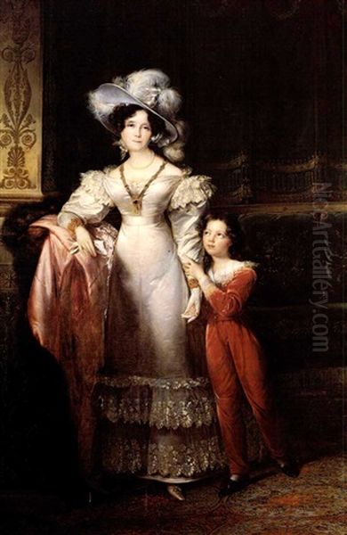 Portrait De La Duchesse De Mac-mahon De Plein Pied Avec Son Fils Oil Painting by Francois Joseph Kinsoen