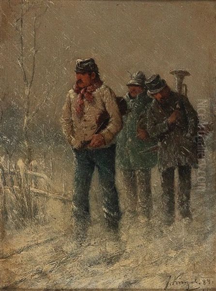 Musicians Returning Home In A Flurry Of Snow Oil Painting by Josef Kinzel