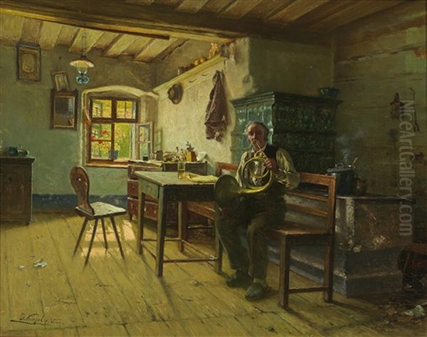 The French Horn Player Oil Painting by Josef Kinzel