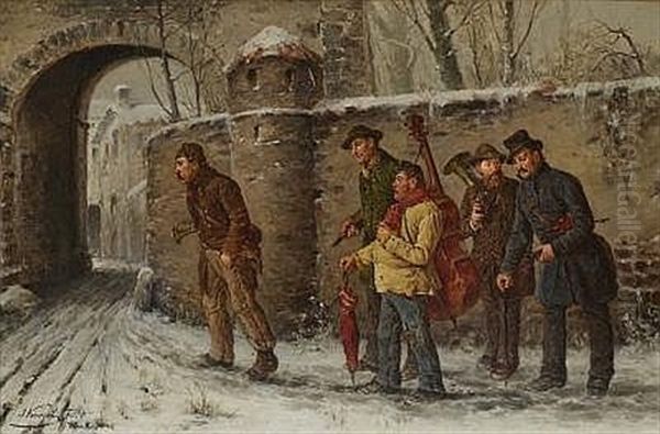 Musikanten Vor Der Stadtmauer Oil Painting by Josef Kinzel