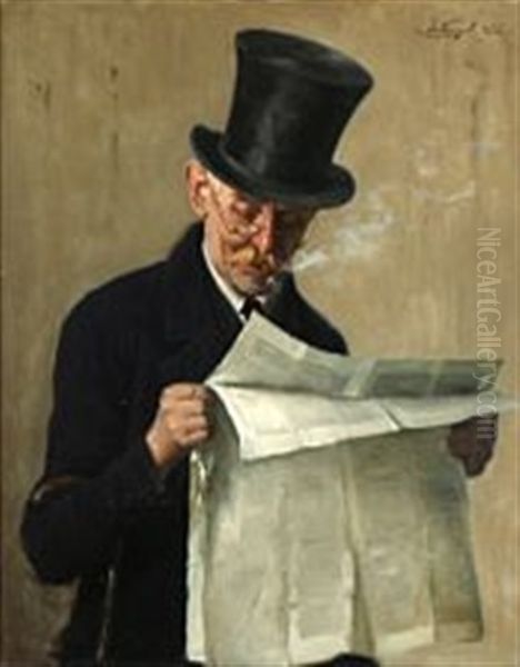 A Gentleman Reading The Paper Oil Painting by Josef Kinzel