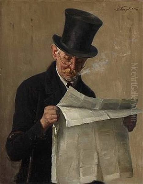 A Gentleman Reads The Paper Oil Painting by Josef Kinzel