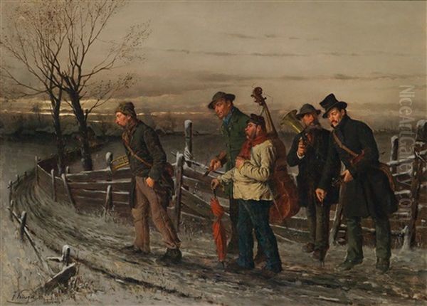 Funf Musikanten Auf Dem Weg Ins Gasthof Thiery Oil Painting by Josef Kinzel