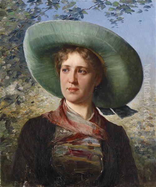 Portrait Einer Jungen Frau In Tracht Oil Painting by Josef Kinzel