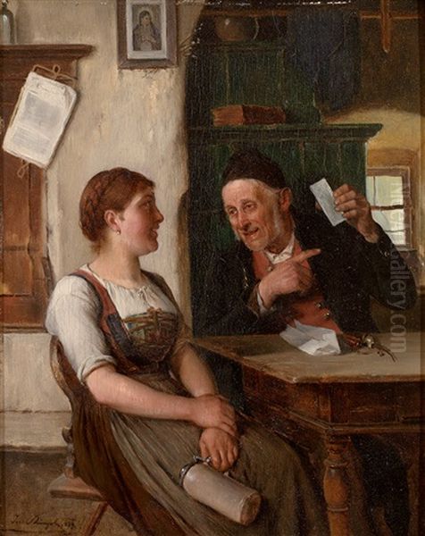 Sein Bild. Heiratsvermittler Zeigt Einer Jungen Frau Das Bild Oil Painting by Josef Kinzel