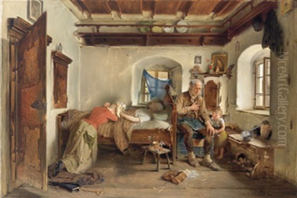 Zu Spat - Die Reuige Tochter Am Totenbett Der Mutter Oil Painting by Josef Kinzel