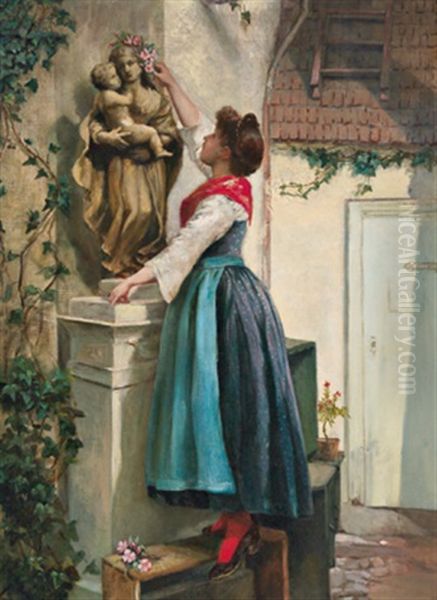 Blumenschmuck Fur Die Marienstatue Oil Painting by Josef Kinzel