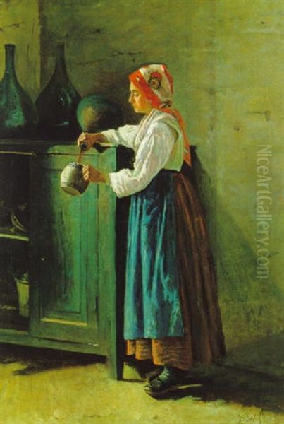 Madchen In Bauerlicher Tracht Bei Der Arbeit Oil Painting by Josef Kinzel