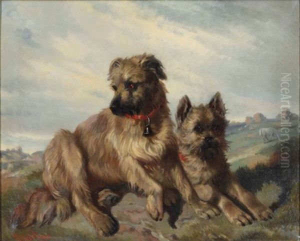 Two Cairn Terriers In A Landscape Oil Painting by Carl Fredrik Kiorboe