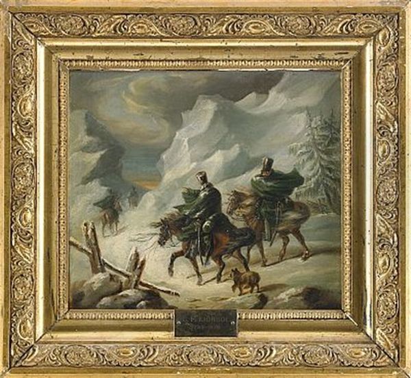 Kavarellister Ridande I Snostorm Oil Painting by Carl Fredrik Kiorboe