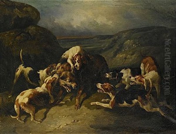 Jakthundar Och Varg Oil Painting by Carl Fredrik Kiorboe