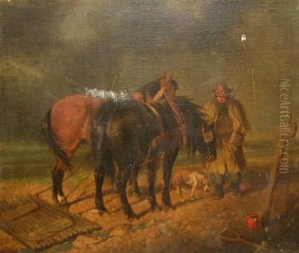 Two Horses And A Farmer Oil Painting by Carl Fredrik Kiorboe