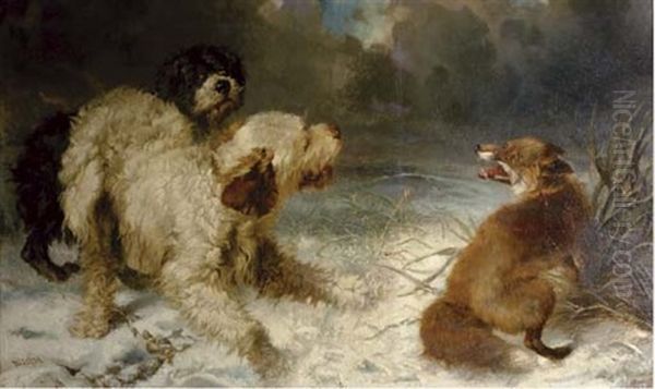 A Fox Trapped By Two Hunting Dogs Oil Painting by Carl Fredrik Kiorboe