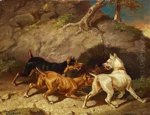 Tre Hunde Ved En Raevegrav Oil Painting by Carl Fredrik Kiorboe