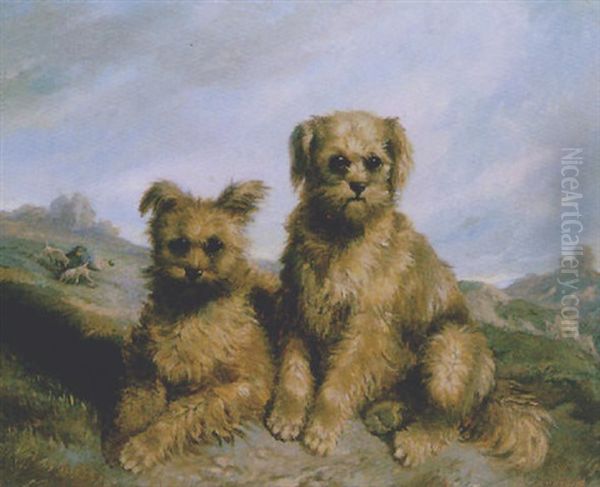 Two Dogs In A Landscape Oil Painting by Carl Fredrik Kiorboe