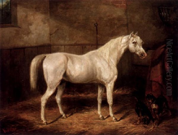 Stallinterior Med Vit Hast Oil Painting by Carl Fredrik Kiorboe