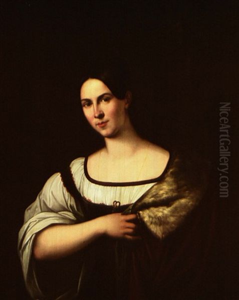 Dark Haired Beauty With Ermine Robe Oil Painting by Orest Adamovich Kiprensky