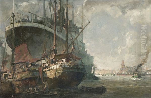 Dampfer Und Segelschiffe Im Hamburger Hafen by Erich Kips