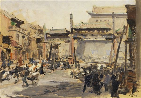 Peking - Belebte Strase Vor Dem Stadttor Qianmen (zhengyangmen) Oil Painting by Erich Kips