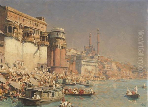 Munshi Ghat In Varanasi (ehem. Benares) Am Ganges, Indien Oil Painting by Erich Kips