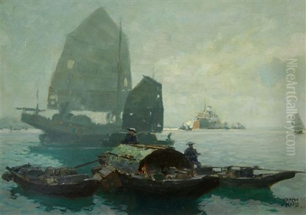 A View Of The Harbour Of Hong Kong Oil Painting by Erich Kips