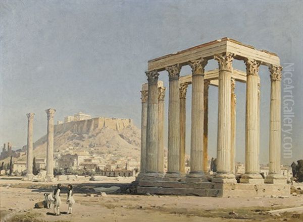 Blick Vom Olympieion Auf Die Akropolis In Athen Oil Painting by Erich Kips