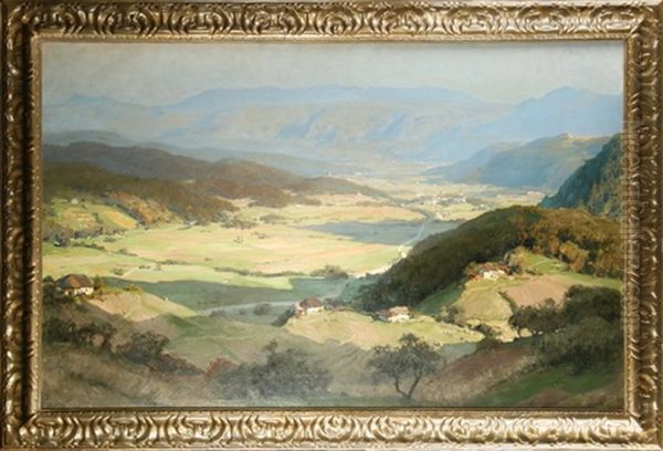 Weite Tallandschaft Vor Felsenpanorama Mit Blick Uber Felder Und Siedlungen Im Licht Der Abendsonne Oil Painting by Erich Kips