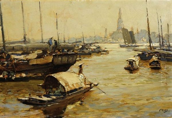 Bangkok Am Menam Oil Painting by Erich Kips