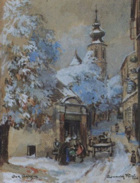 Winterliche Strassenansicht In Grinzing Oil Painting by Emmerich Kirall