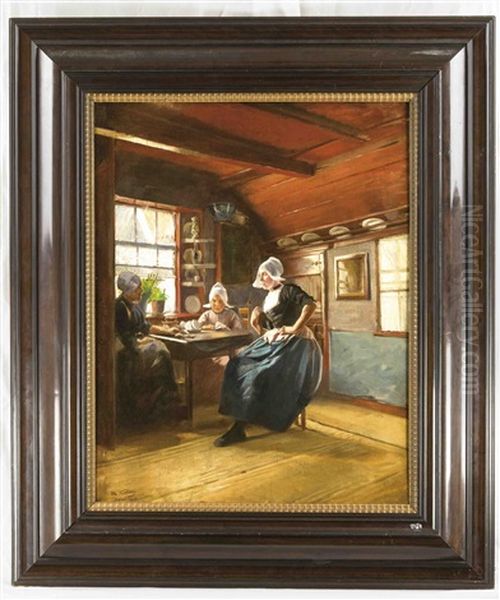 Hollandisches Stubeninterieur Mit Am Tisch Sitzenden Fischersfrauen Oil Painting by Otto Kirberg