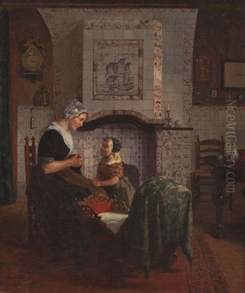 Mutter Mit Ihrer Tochter An Der Wiege Oil Painting by Otto Kirberg